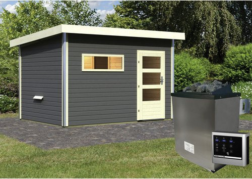 Karibu Saunahaus Schwanenburg 2 in Grau mit 9 kW Ofen und externer Steuerung, B/T/H: 337 x 231 x 239 cm - Bild 1