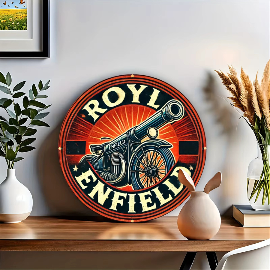 Potdemiel Royal Enfield Cannon Rundes Aluminium-Wandkunst Metallschild in Mehrfarbig, Durchmesser: 19,81 cm - Bild 6