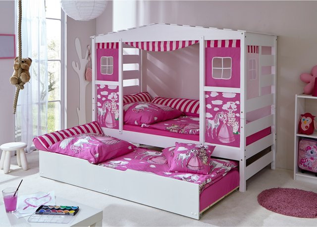 TiCAA Hausbett Horse Rosa aus Kiefer mit Bettkasten in Weiß für das Kinderzimmer - Bild 1