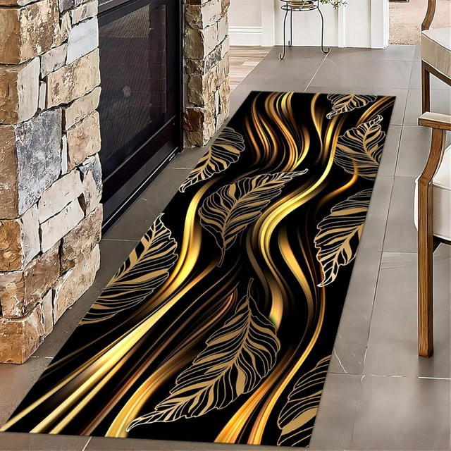 VIKAMA Teppichläufer mit Blattmuster und Wellendesign in Schwarz-Gold, rutschfest, für Flur und Wohnzimmer - Bild 1