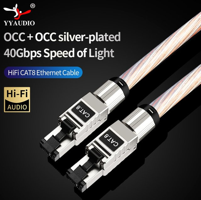 YYAUDIO HiFi Cat8 Ethernet-Kabel aus Kupfer und Silber, geflochtenes RJ45 Netzwerk-Patchkabel für Audio und Router, Silber - Bild 1
