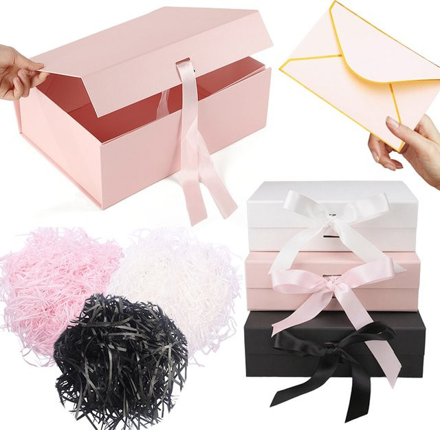 ZYF Luxus-Geschenkbox Set mit Band, Lafite-Gras und Grußkarten-Aufbewahrung, Farbe: Pink, Breite: 23 cm - Bild 1