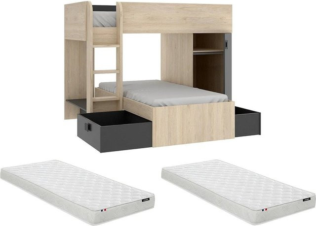 Vente-unique Etagenbett aus Massivholz in Anthrazitgrau und Naturfarben Hell, Höhe: 255 cm - Bild 1