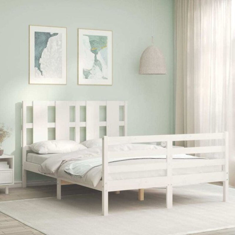 Massivholzbett aus Kiefer mit Kopfteil von Vidaxl in Weiß, B/T/H: 140 x 205,5 x 145,5 cm - Bild 1