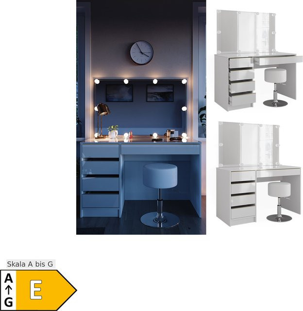 Vicco Schminktisch Sherry Weiß Hochglanz Gold mit LED-Spiegel, Hocker und 5 Schubladen, B: 120 cm, T: 75 cm, H: 75 cm - Bild 1
