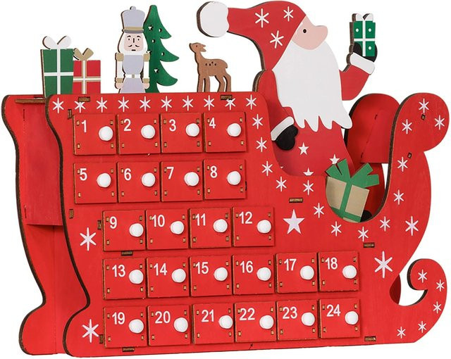 HOMCOM Adventskalender Weihnachtsdekoration aus MDF mit 24 Schubladen in Rot mit Weihnachtsmann auf seinem Schlitten, B/T/H: 22,5 x 8 x 36 cm - Bild 1