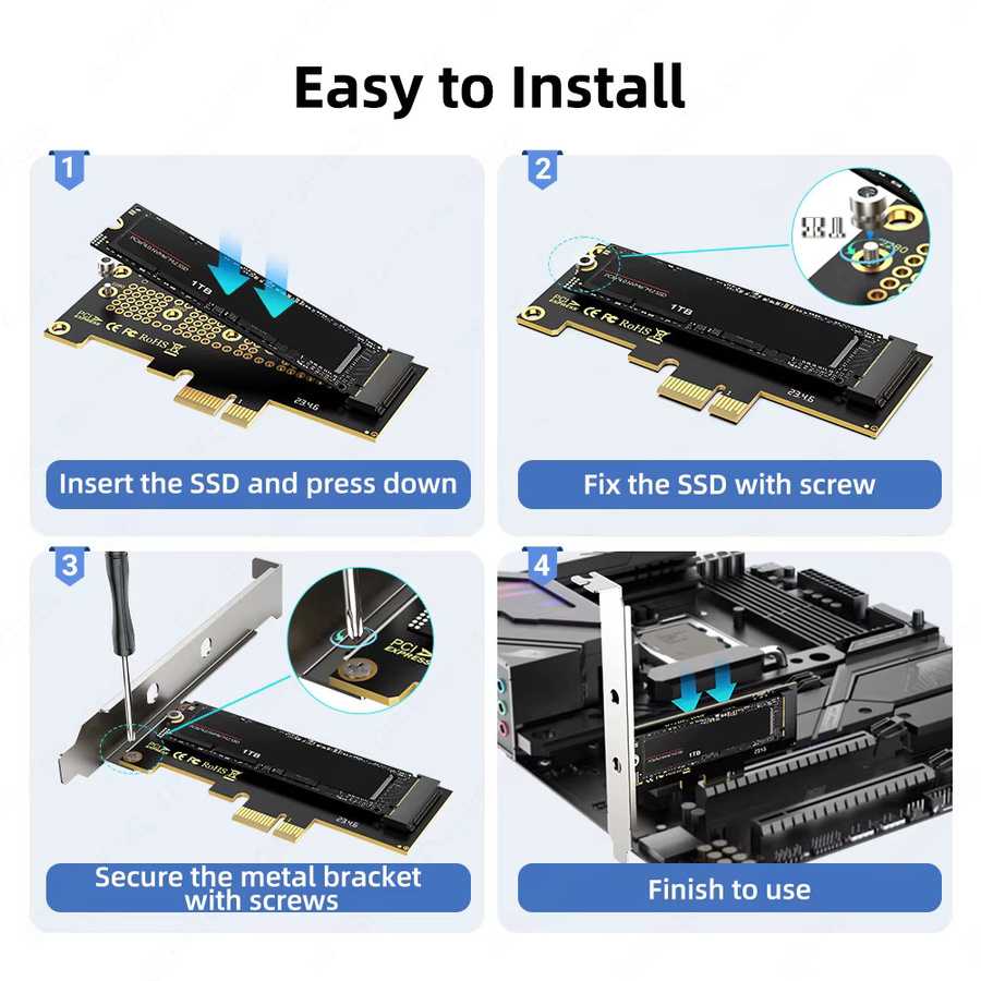 JEYI M.2 NVMe zu PCIe Konverterkarte in Schwarz - 16Gbps PCIe 3.0/4.0 SSD-Adapter für X1/X4/X8/X16 Steckplätze mit Installationsadapter - Bild 3