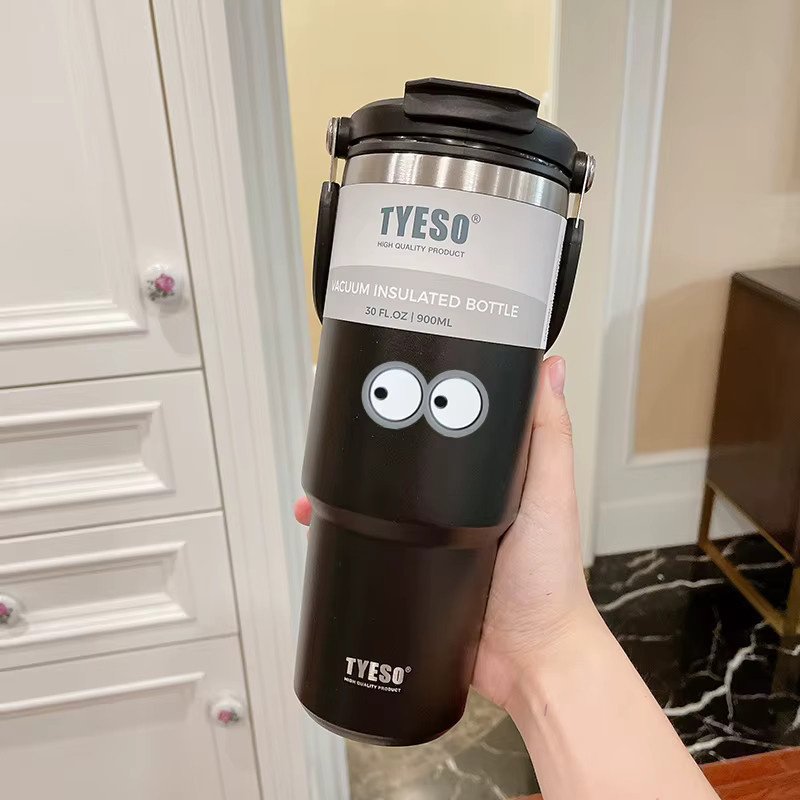 Tyeso Reisebecher Vakuum-Isolierbecher aus Edelstahl mit Augenaufkleber, Schwarz, 900 ml - Bild 3