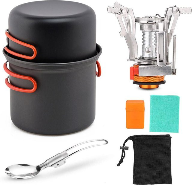 Camping-Kochgeschirr-Set mit Campingkocher, Spork, Kochtöpfen und Geschirrtuch in bunt - Bild 1