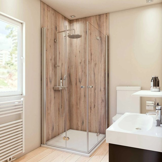 Breuer Duschrückwand Landhaus Holzdekor in Aluminium und Braun, B: 100 cm, H: 210 cm, T: 100 cm - Bild 1