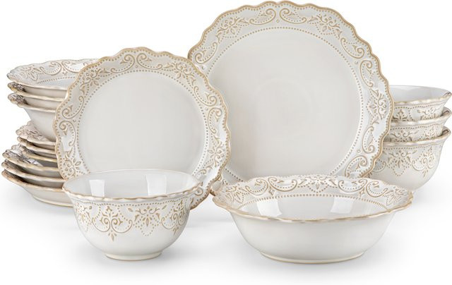 MALACASA Geschirrset aus weißem Steinzeug mit Relief-Design, 16/32-teiliges Dinner-Service Set bestehend aus Speisetellern, Desserttellern, Müslischalen und Suppenschüsseln, Farbe: Weiß - Bild 1