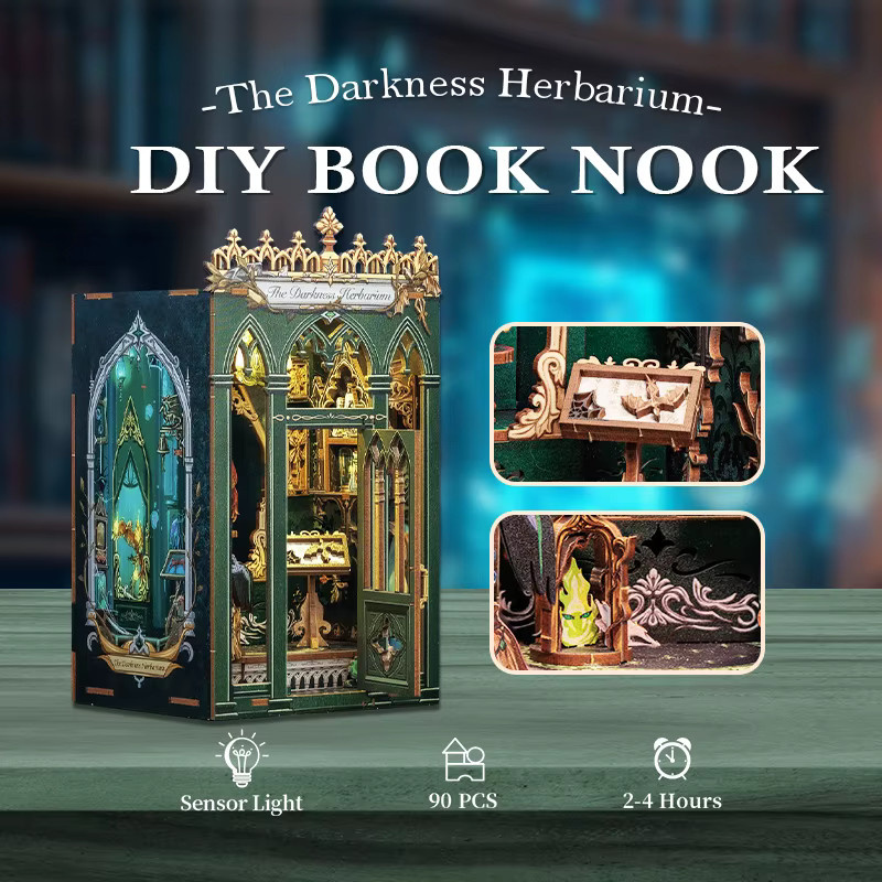 CUTEBEE Buchecke DIY Kit 3D Miniatur Puppenhaus mit LED-Licht aus Holz in Natur für Home Office Dekoration - Bild 4
