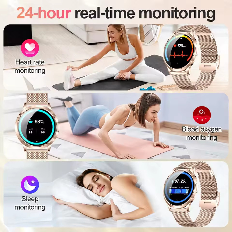 GUHUAVMI NFC Damen Smartwatch mit 1,32 Zoll Full-HD-Touchscreen, Blutdruckmessung und IP69K Wasserdichtigkeit, ultradünn in Schwarz und Gold - Bild 3