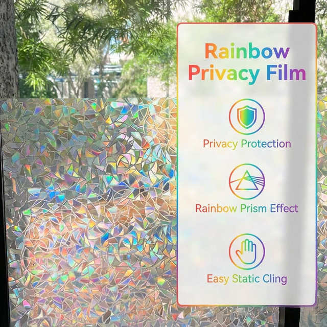 BUNPIG Regenbogen 3D Buntglas-Fensterfolie in Multicolour, statisch haftender Sichtschutz mit geometrischem Design für Zuhause, Büro und Badezimmer - Bild 1