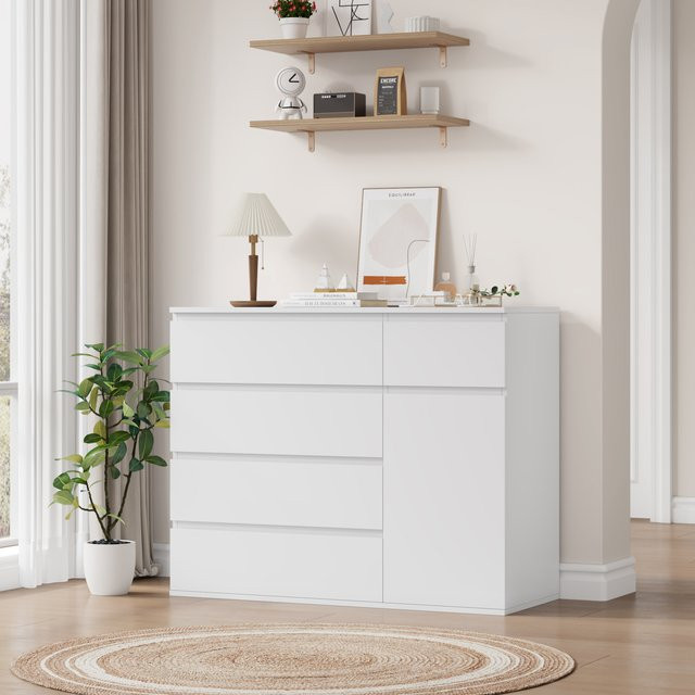 Getone Kommode in Weiß/Schwarz mit 5 Schubladen und 1 Tür, modernes Sideboard, B/T/H: 100 x 40 x 80 cm - Bild 1