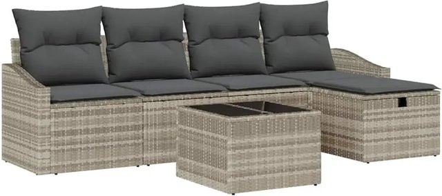 vidaXL Garten-Sofa-Set aus Polyrattan in Hellgrau mit 6 Teilen, L-Form mit 3er-Sofa, 2er-Sofa, Ottoman und Kissen - Bild 1
