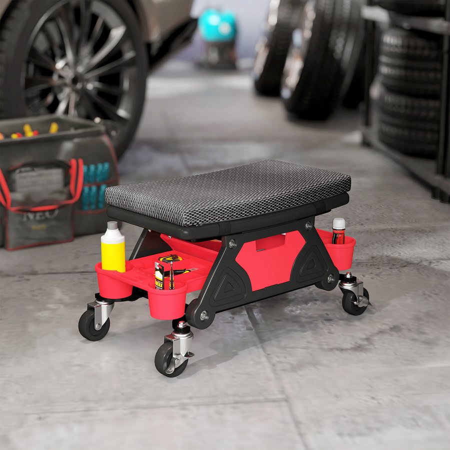 HOMCOM Werkstatt-Hocker mobil mit Rollen und Schublade, Mechanikerhocker mit Werkzeugablage, Schwarz - Bild 1