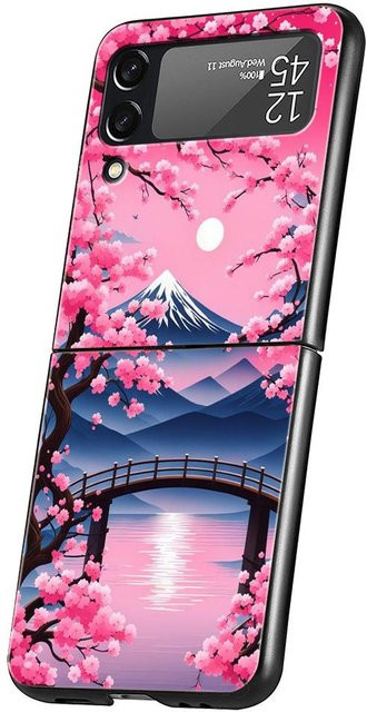 Stoßfeste Handyhülle aus hartem PC mit rosa Frühlingskirschblüten Design für Samsung Galaxy Z Flip 6, Z Flip 5, Z Flip 4 und Z Flip 3 in Schwarz und Pink - Bild 1