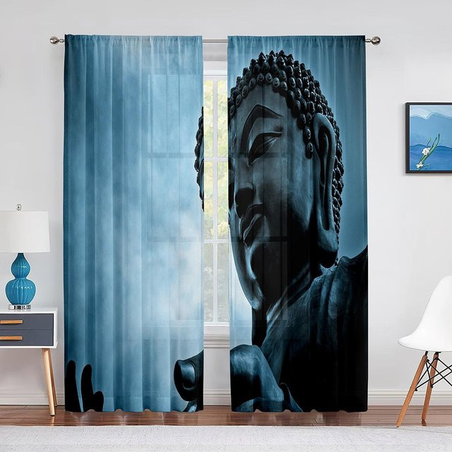 Yiran Furniture Transparenter Tüll-Voile-Vorhang mit Buddha-Motiv in Gold, 2er-Set, Breite: 65 cm, Höhe: 60 cm - Bild 1