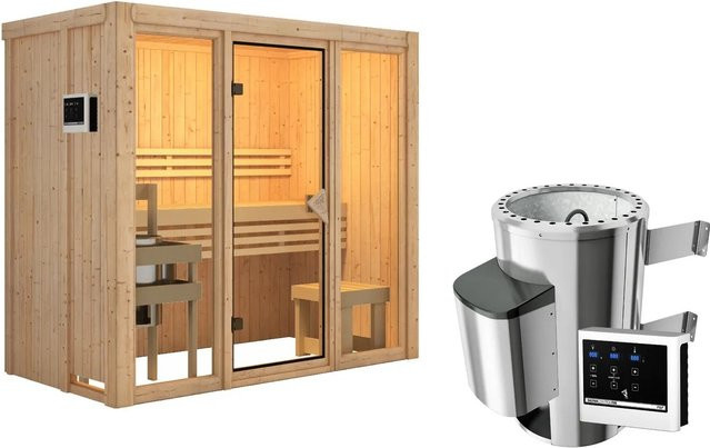 Karibu Sauna Sky 2 Naturbelassen in Braun mit 3,6 kW Ofen und externer Steuerung - Bild 1