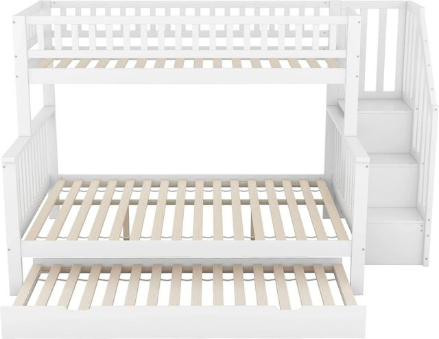 KOMHTOM Etagenbett für Kinder aus Kiefernholz und MDF mit Treppe, Rollcontainer und Lattenrost, Farbe Weiß, B/T/H: 230 x 200 x 160 cm (Oberbett 140 x 200 cm, Unterbett 90 x 200 cm) - Bild 1