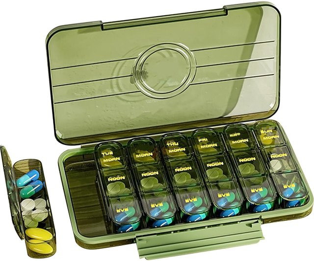 OutsideWorld 7-Tage-Tablettenbox beige mit mehreren Fächern und luftdichtem Verschluss für 3-mal tägliche Einnahme - Bild 1