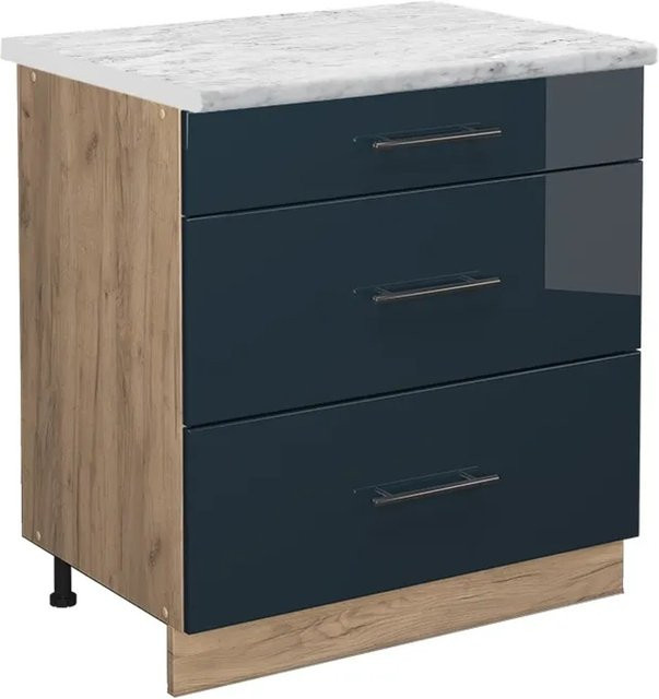 Vicco Küchenunterschrank Fame-Line mit 3 Schubladen in Dunkelblau Hochglanz und Eiche mit weißer Marmor Arbeitsplatte, Breite: 80 cm - Bild 2