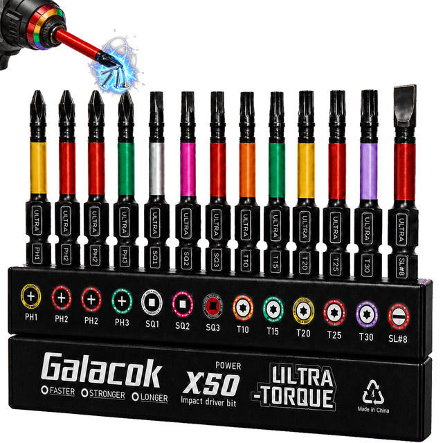 13-teiliges Galacok Schlagschrauber-Bit-Set aus S2-Stahl mit Phillips, Flach und Schlitz, magnetisch und farbcodiert, Multicolor - Bild 1
