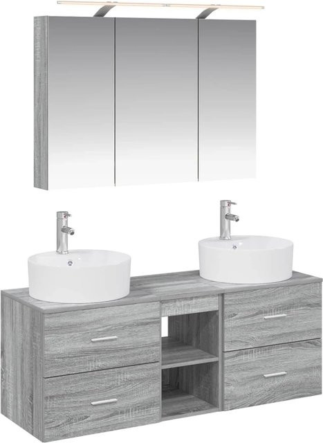 vidaXL Badezimmermöbel-Set 4-teilig in Grau Sonoma, modern mit Spiegelschrank, Waschtischunterschrank und Wandschrank, Glasfronten und LED-Beleuchtung - Bild 1