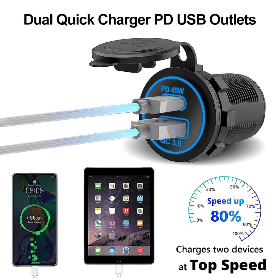 Kebidumei USB Autoladegerät mit PD & QC 3.0 Schnellladung, 60W, Schwarz, Wasserdicht für Auto, Motorrad, LKW und Boot - Bild 3