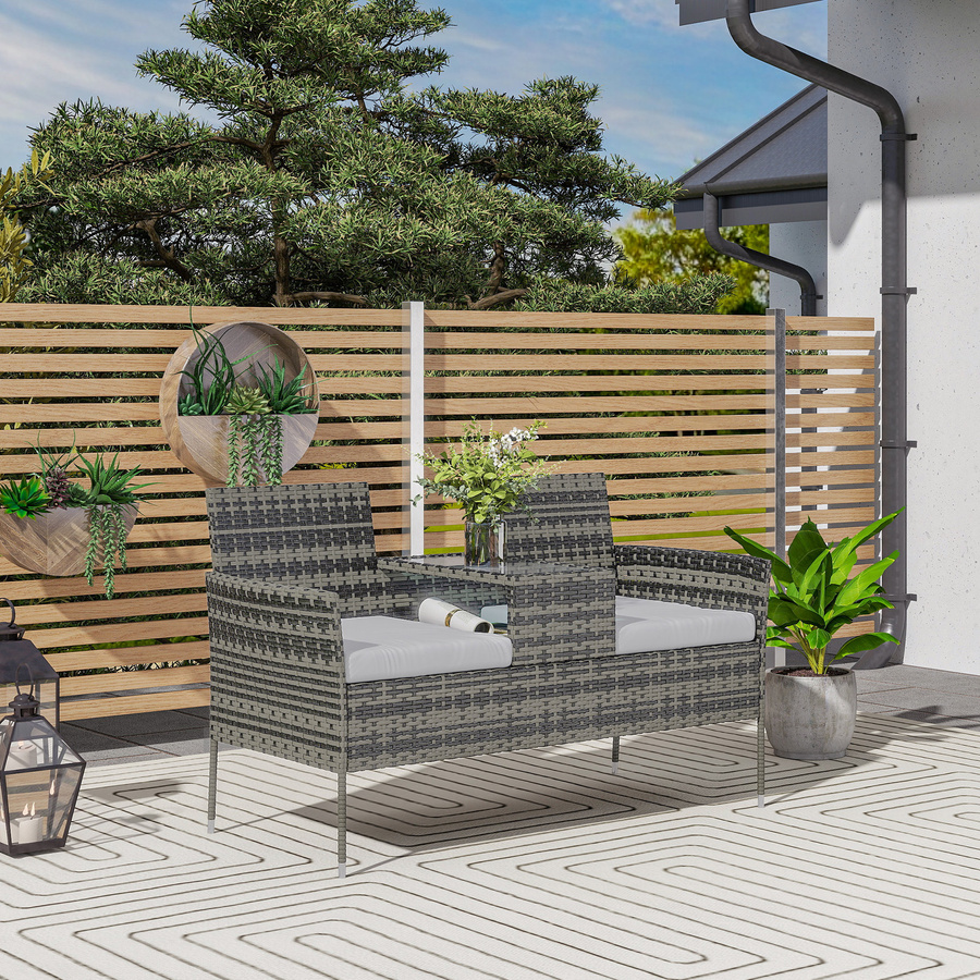 Outsunny Gartenbank für 2 Personen aus Rattan und Stahl mit Kissen und Couchtisch aus Glas, Dunkelgrau, B/T/H: 135 x 64 x 81 cm - Bild 2