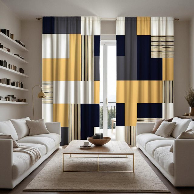 2er-Set Geometrische Vorhänge von Household supplies MH in Gelb und Multicolour, semi-transparent mit modernem Grafikdesign, B: 132 cm, H: 160 cm - Bild 1