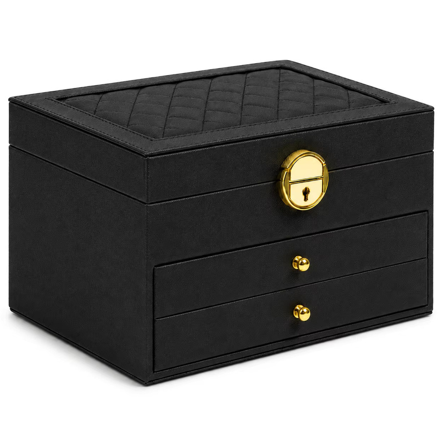 Elegante 3-stöckige Schmuckaufbewahrungsbox aus Holz mit Schloss und Schubladen als Kosmetik-Organizer in Pink oder Schwarz - Bild 5