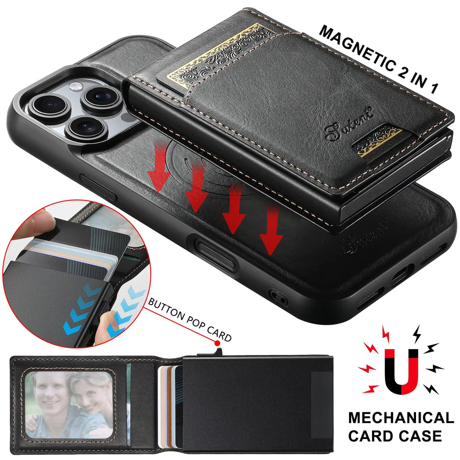 Suteni Magnetische Kunstleder-Brieftasche mit Kartenhalter und Knopfverschluss für iPhone 17 Max, 17 Plus, 16 Pro, 15, 14 in Braun mit kabelloser Ladefunktion - Bild 2