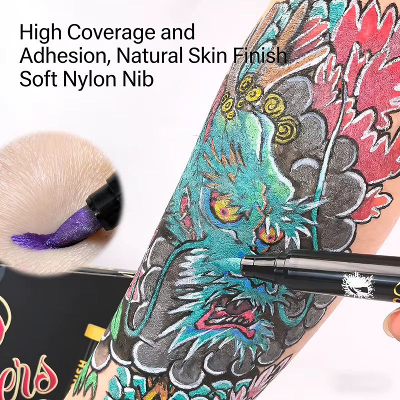 Kissbuty Temporäre Tattoo-Marker in 10 Farben, abwaschbare Brush-Stifte für kreative Kunst und Themenpartys, Multicolour - Bild 3