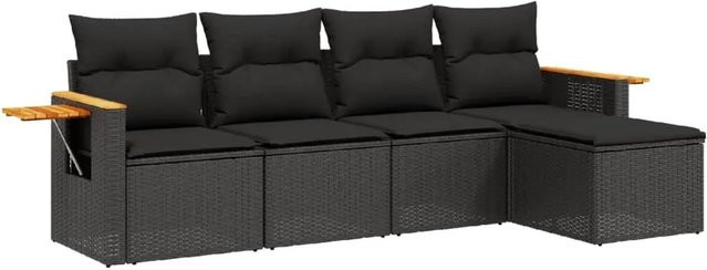 vidaXL 5-teilige Garten-Sofagarnitur in L-Form aus Poly-Rattan und Akazienholz mit Kissen in Schwarz - Bild 1