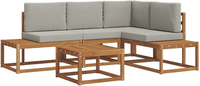 vidaXL Outdoor-Sofagarnitur 5-teilig L-Form aus Akazienholz mit Kissen in Natur und Hellgrau - Bild 1