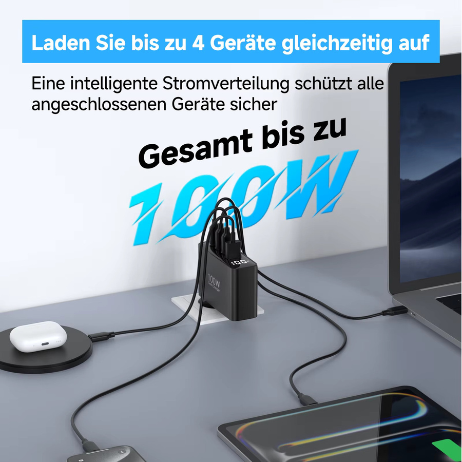 TOPADRE 100W GaN USB-C Schnellladegerät mit Display in Schwarz für MacBook, iPhone und Samsung mit PPS PD Quick Charge 4.0/3.0 - Bild 2