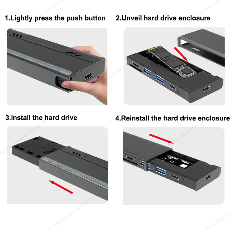 Lotorasia M.2 NVMe SSD-Gehäuse mit USB-C Anschluss, externer USB-Hub und TF/SD-Kartenleser sowie RGB-Anzeigeleuchte - Bild 3