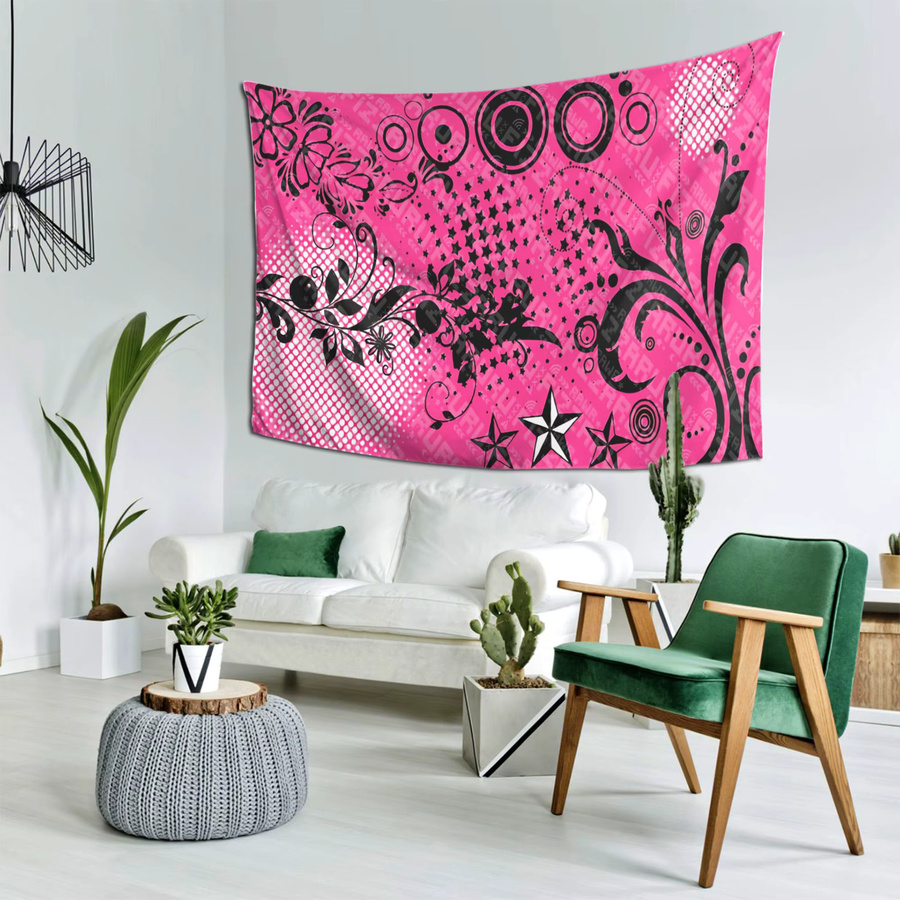 VIKAMA Y2K Millennium Style Wandteppich in Schwarz und Pink mit Graffiti-Druck und abstrakten Stern-, Blumen- und Wellenmotiven als dekoratives Hängetuch - Bild 2