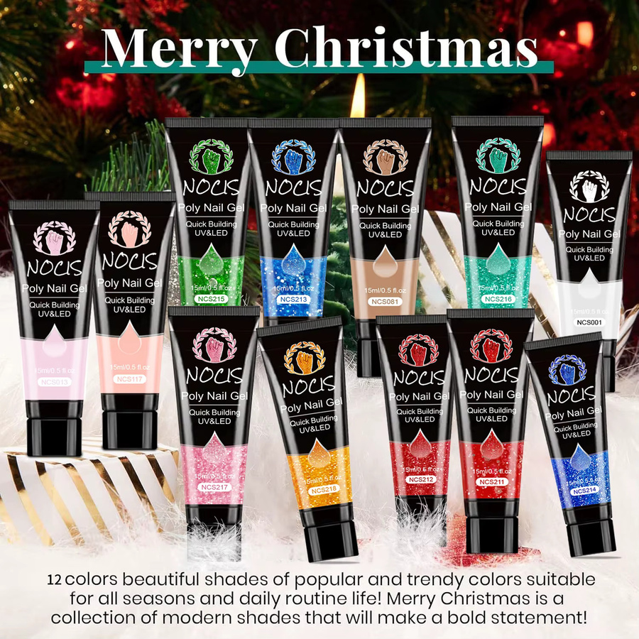 NOCIS Poly-Nagelverlängerungs-Gel-Set, 12 Farben, Glitzer & Klassisch - Bild 2
