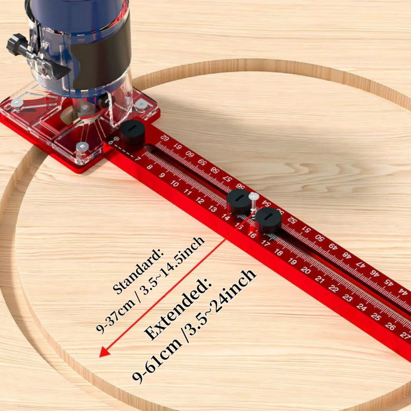 FNICEL 3-in-1 Fräser-Rillenhalterung aus Aluminium für Holzarbeiten, Kreisschneidvorrichtung mit Radius von 9 bis 61 cm, Farbe: Silber/Rot - Bild 4
