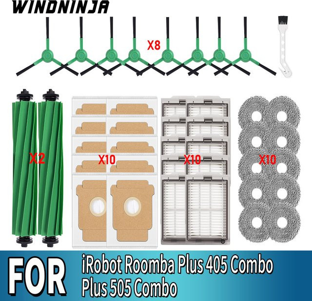 Zubehör-Set für iRobot Roomba Plus 405 Combo Plus 505 Combo Roboterstaubsauger mit Hauptbürste, Seitenbürste, Hepa-Filter, Wischtüchern und Staubbeuteln in Multicolour - Bild 1