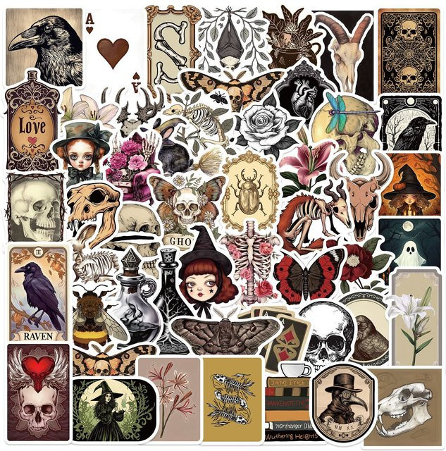 50 oder 100 Stück Romantische Goth Doodle Aufkleber, wasserdicht und abnehmbar, mehrfarbig - Bild 1