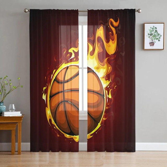Transparente Tüllvorhänge von A Family Of Home Textiles mit Basketball-Sport-Motiv in Multicolour, 2er-Set, B: 135 cm, H: 114 cm - Bild 1