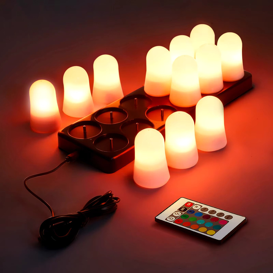 Jugacool Set mit 12 RGB-LED-Teelichtern, ferngesteuert und kabellos aufladbar, weiß, rund - Bild 5