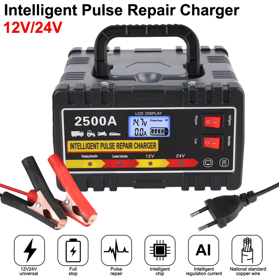 Intelligentes Puls-Reparatur-Ladegerät für Auto und Motorrad mit digitalem LCD-Display, 12V/24V, 220W, EU-Stecker, Schwarz - Bild 2