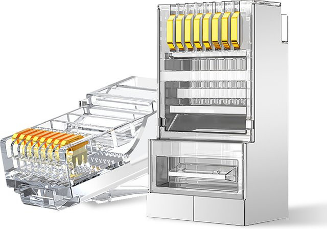 BYXGD RJ45-Stecker Pass-Thru-Modularstecker für Cat5e und Cat6, 50μ vergoldet, 8P/8C Crimp-Ende, UTP/STP geschirmt für Ethernet/LAN - Bild 1