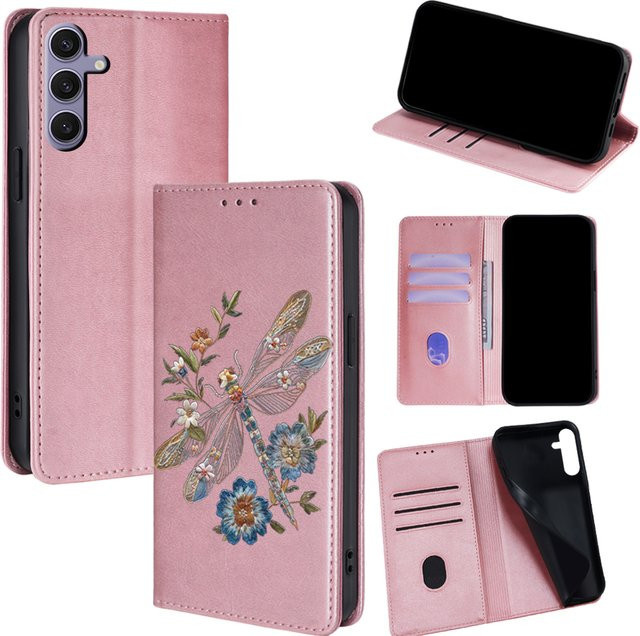 Samsung Handyhülle aus Leder mit Libellen-Blumenmuster in Grau für Galaxy S25 Ultra, S25 FE, S24, S23, S22 Plus, Flip und Galaxy A-Serie - Bild 1
