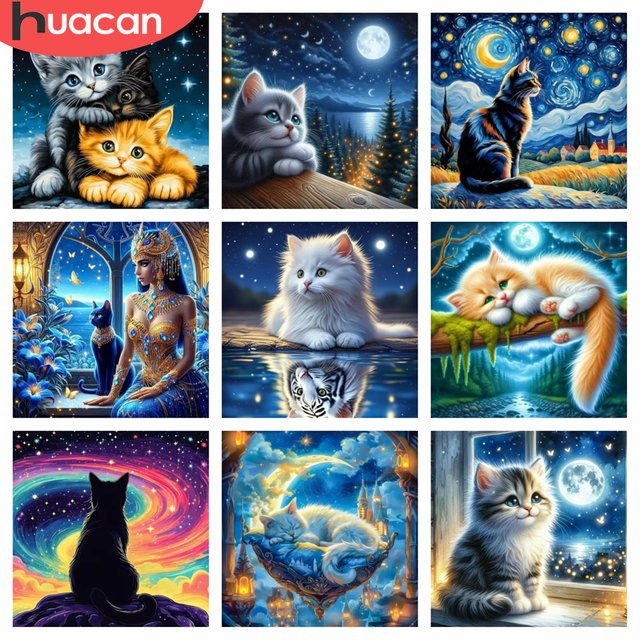 HUACAN Diamantmalerei Katze im Sternenhimmel als rundes Diamantmosaik zur Heimdekoration - Bild 1